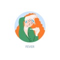 Fever - symptom of coronavirus, hand drawing icon, sick girl with red hair measures the temperature
