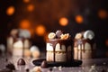 A few birthday cakes with chocolate drips and decorations on top on a dark background with bokeh