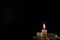 A few Candles isolated over dark background. Used, almost extinguished. Burned out. Copy space Royalty Free Stock Photo