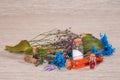 Few colored vials with flovers. Selective focus. Royalty Free Stock Photo