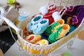 A few colorful knitted babies shoes