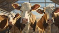 Few cows in a bright stall on a dairy farm.