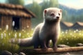 A few cute ferrets on a country farm, pictorial illustration. Ai generated