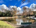 Park landscape with a bench and white clouds Royalty Free Stock Photo