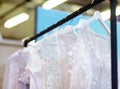 Few elegant wedding, bridesmaid ,evening, ball gown or prom dresses on a hanger in a bridal shop Royalty Free Stock Photo