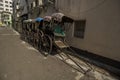 Few famous hand pulled rickshaw parked road side on streets of Kolkata Royalty Free Stock Photo