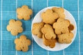 Few shortbread cookies, plate with cookies on blue tablecloth. Top view