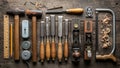 A few nails are scattered around the tools indicating a woodworking Royalty Free Stock Photo