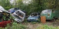 A few old damaged rusty cars,broken,piled up,with rusty barrel,green nature as backdrop.Disposal of abandoned cars