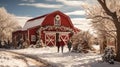 A Few People Walking Toward Red Barn, House or Shop Decorated for Christmas in a Beautiful Winter Snowy Scene Royalty Free Stock Photo