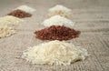 Few piles of rice of different varieties on the background of sacking. Royalty Free Stock Photo