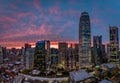 Pink clouds hanging over Salesforce Park in downtown San Francisco just after sunset