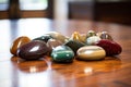 a few polished meditation stones artfully arranged on a wooden table