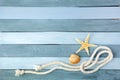 Few summer marine items on a wooden background. Royalty Free Stock Photo