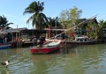 A few traditional fishing boats on front of a village