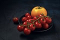A few trusses of red cherry tomatoes and single yellow tomato fruit in black plate on a dark textured background. Space for text Royalty Free Stock Photo