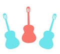 A few varicoloured guitars are on a white background