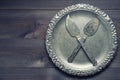 Few vintage silver kitchen utensil with ornaments on silver tray Royalty Free Stock Photo