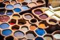 Fez is also famous for its old leather Tanneries. Old tanks of the Fez`s tanneries with color paint for leather, Morocco, Africa. Royalty Free Stock Photo