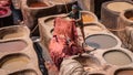 Man working as a tanner in the dye pots at leather tanneries at medina, Fez, Morocco. Royalty Free Stock Photo