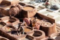 Fez, Morocco 01/02/2020 Choura Tannery world famous site of leather production Royalty Free Stock Photo