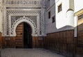 Fez, Morocco - January 07, 2020: Entrance to Nejjarine Museum of Wooden Arts and Crafts, wall with complex ornaments over main.