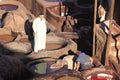 Fez, Morocco - January 01, 2010: Workers are dyeing and tanning leather at the tannery in Fez using the traditional