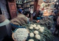 FEZ, MOROCCO, JUNE 2016: traditional shop in the old market. Street vendor in the old medina Royalty Free Stock Photo