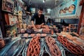 FEZ, MOROCCO, JUNE 2016: traditional shop in the old market. Street vendor in the old medina Royalty Free Stock Photo