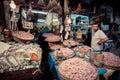 FEZ, MOROCCO, JUNE 2016: traditional shop in the old market. Street vendor in the old medina Royalty Free Stock Photo