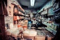 FEZ, MOROCCO, JUNE 2016: traditional shop in the old market. Street vendor in the old medina Royalty Free Stock Photo