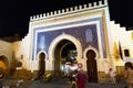 FEZ, MOROCCO - MAY 31, 2017: Evening view of the famous historic Bab Bou Jeloud gate. Is an ornate city gate and the main western