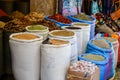 FEZ, MOROCCO. MAY 31, 2012: Spices and herbs for sale in old shop inside Medina of Fez