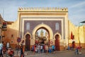 FEZ, MOROCCO - MAY 31, 2017: View of the famous historic Bab Bou Jeloud gate. Is an ornate city gate and the main western entrance