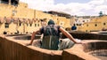 Leather dying in a traditional tannery in Fez, Morocco Royalty Free Stock Photo