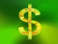 Golden USD dollar sign on green background,