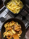 French fries and stewed potatoes