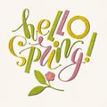 Fhrase `Hello spring!` Drawing with colored pencils isolated on background