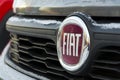 Fiat company logo on car in front of dealership on January 20, 2017 in Prague, Czech republic