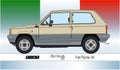 Fiat Panda 30 vintage classic car silhouette, coloured illustration with flag