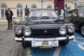 Fiat Sport 750, front view, retro design car. Exhibition of vintage cars. Rally of old vintage vehicles anciens. Dark blue color