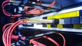 Fiber optic cable connect to network device. Royalty Free Stock Photo