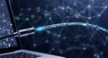 Fiber Optic Cable Connecting to Laptop with Digital Network Background Royalty Free Stock Photo