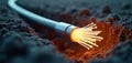Fiber optic cable installation in progress. Digital data transmission concept. Internet connection tech in ground. Communication Royalty Free Stock Photo