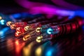 Fiber optic cables close-up with colored lights. Selective focus. generative ai Royalty Free Stock Photo