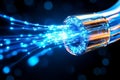 Fiber optic cables emit glowing blue light, representing advanced technology and data flow in a digital environment Royalty Free Stock Photo