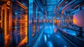 Fiber optic cables glowing with vibrant blue and orange lights in a high-tech server room. Technology and data transfer Royalty Free Stock Photo