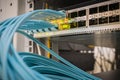 Fiber-optic cables are included in the ports of the main router. The main wires are connected to the modular interfaces in the dat Royalty Free Stock Photo