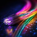 Fiber optic cables with luminous terminations. concept of fast internet, telecommunication. Generative AI