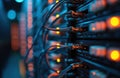 Fiber optic connectors, patch panels in data center, network infrastructure. Cables connect to server racks with LED indicators.